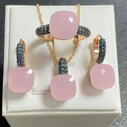 3Pcs Gun Black Plated Blue Zircon Jewelry Set for Women Includes Ring Earrings Necklace Elegant Crystal Blue Topaz Matching Gift