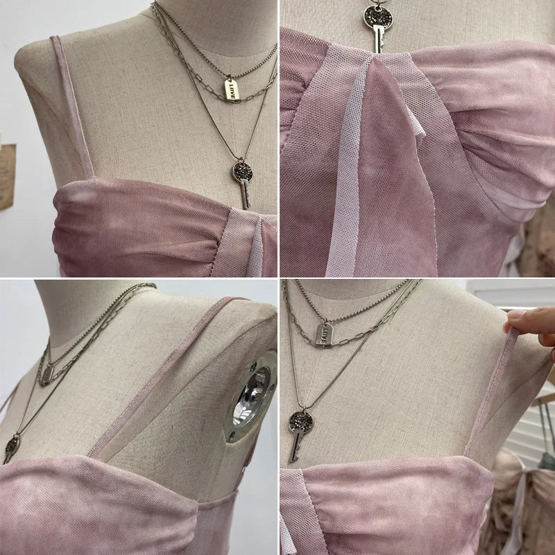 2025 Mesh Camisole for Women Stretch Casual Tie Dyeing Braless Sleeveless Adjustable Straps Asymmetrical Ruffle Tops