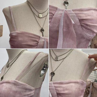2025 Mesh Camisole for Women Stretch Casual Tie Dyeing Braless Sleeveless Adjustable Straps Asymmetrical Ruffle Tops