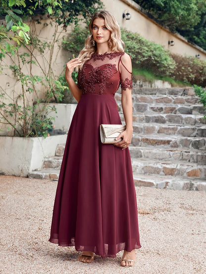 New Burgundy Evening Dresses Illusion Lace Appliques O-Neck Short Sleeve Prom Dress Sheer Back A-Line Long Formal Party Gowns