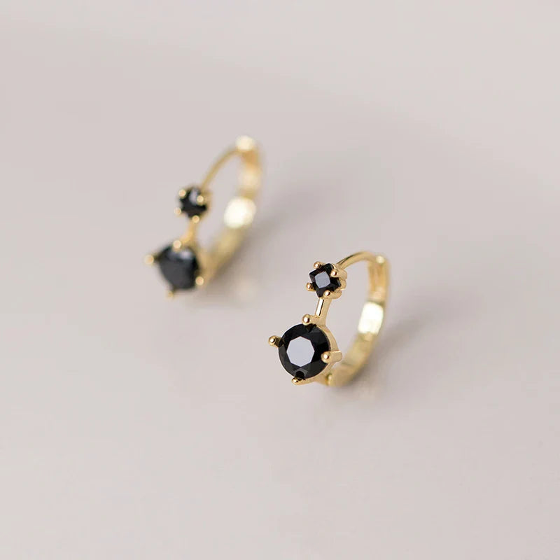 925 Sterling Silver Simple Shiny Black Zircon Statement Ear Buckle for Women Fashion Elegant Party Hoop Earrings Jewelry