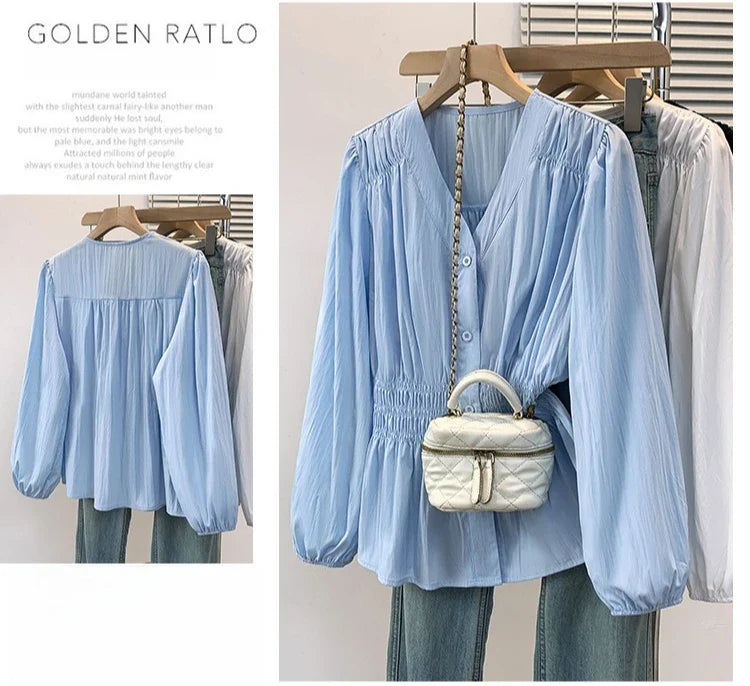 2026 V-neck Long Sleeved Plus Size Shirt Loose Pleated Ruffle Oversized Tops Ladies Chic Elegant Solid Versatile Blouse