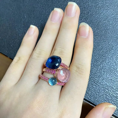 Conjunto de 3 anéis empilháveis ​​Nudo para mulheres, conjunto com cores mistas, cristais tipo bala incrustados, zircônia, ametista, topázio azul, joia redonda, presente