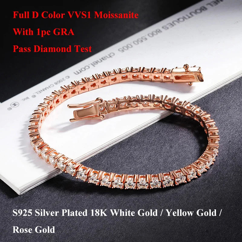 Hidden Spring Buckle Full Moissanite Tennis Bracelet D Color 2/2.5/3/4/5mm Lab Diamond Link Bracelets For Women Man Gift