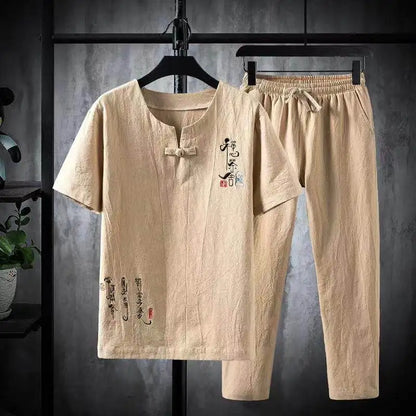 (Shirt + trousers) 2025 summer Chinese Style men shirt Cotton and linen shirts men's High quality casual shirts Two Piece M-5XL