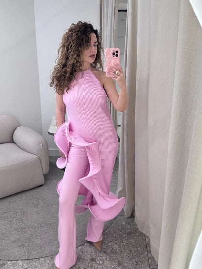 Women Romantic Yellow Halter Maxi Dress Ribbed Knit Ruffled High-slit Slim-fit Vestido 2026 Lady New Spring Trendy Fashion Robes