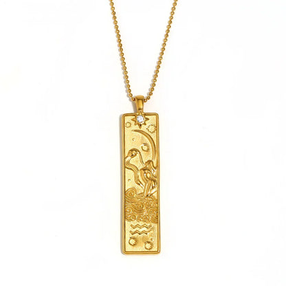 18k Gold Plated Rectangle Shape 12 Constellation Pendant Necklace Stainless Steel Waterproof Fashion Women's Jewelry