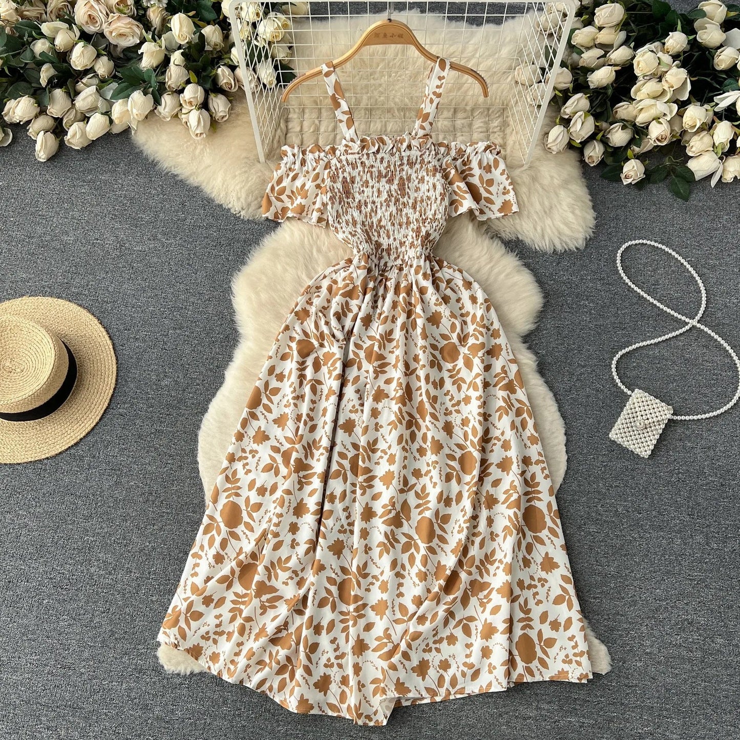 Romantic Floral Print Long Summer Dress Women Fashion Off Shoulders Straps Vacation Beach Dress Korean Party Vestidos