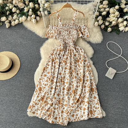 Romantic Floral Print Long Summer Dress Women Fashion Off Shoulders Straps Vacation Beach Dress Korean Party Vestidos