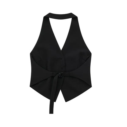 2025 Women New Style Blouse Summer Hot Sell Women's Vest Fashion Sexy Hanging Neck Polyester Fiber Vest Buckle Ribbon Style