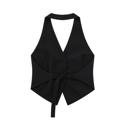 2025 Women New Style Blouse Summer Hot Sell Women's Vest Fashion Sexy Hanging Neck Polyester Fiber Vest Buckle Ribbon Style