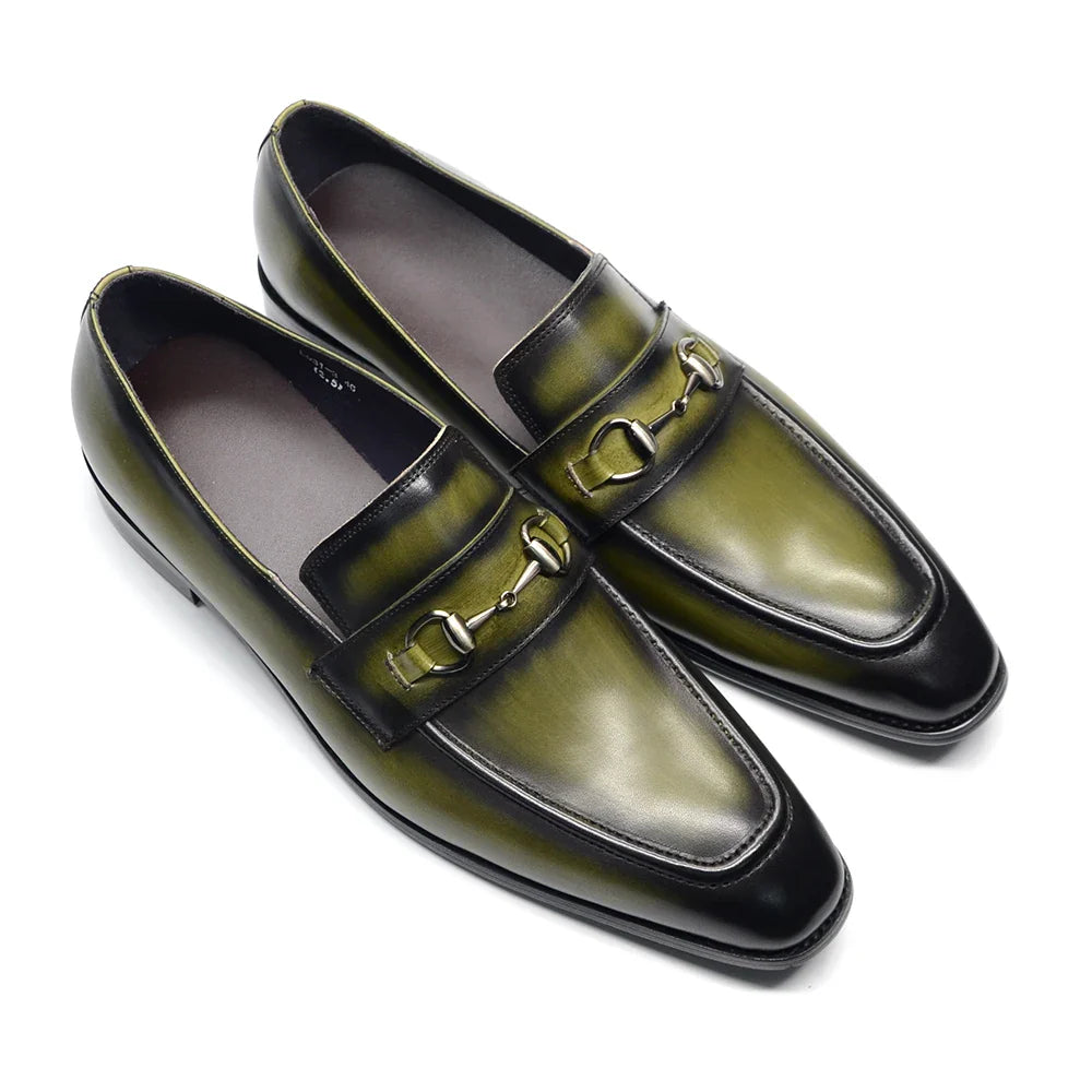 European Classic Mens Wedding Dress Shoes Genuine Leather Horsebit Loafer Shoes Green Casual Business Party Formal Shoes for Men