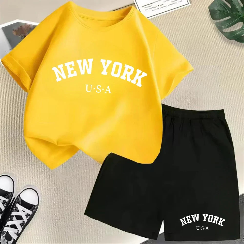 New York letter pattern boy and girl T-shirt+shorts 2-piece set