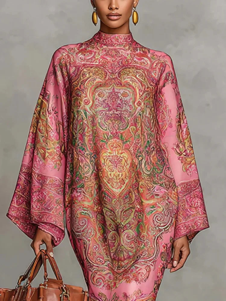 Women's Vintage Elegant Printed High Neck Kaftan Dress Long Sleeves Loose Elegant Evening Midi Dresses Robe 2026 New