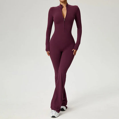 Zipper Jumpsuit Flared Pants Women Clothing Sportswear Gym Yoga Sport Sets Spandex Nylon Workout Sets Women Tracksuit
