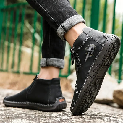 Sapatos Masculinos Clássicos de Couro Feitos à Mão, Design com Zíper, Tênis Esportivos para o Ar Livre, Sapatos Casuais Respiráveis com Elástico, Botas Masculinas de Couro no Tornozelo