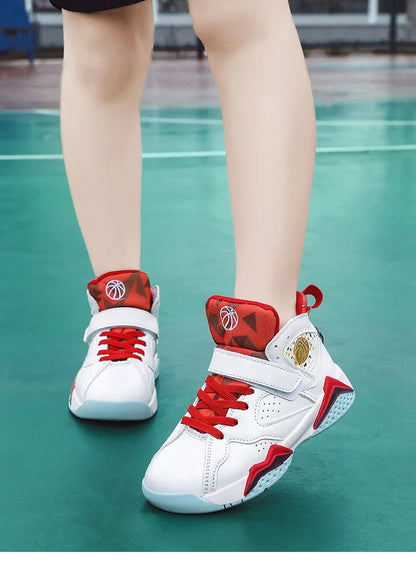 Children Summer High Top Basketball Shoes Boy Breathable Anti Slip Casual Sneakers Man Velcro Non Slip Rebound Kid Running Shoes