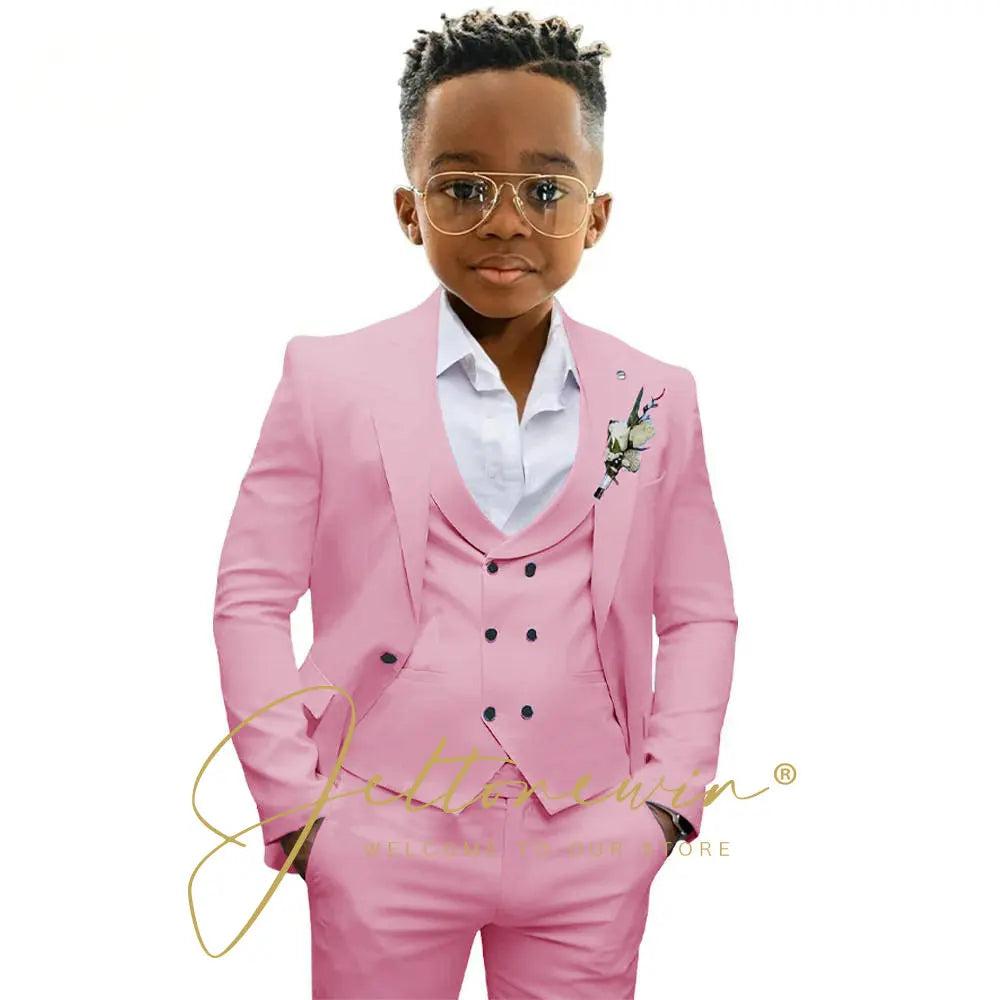 Boys' 3-Piece Suit with Notched-Lapel Jacket, Vest & Pants in Solid Colors for Weddings