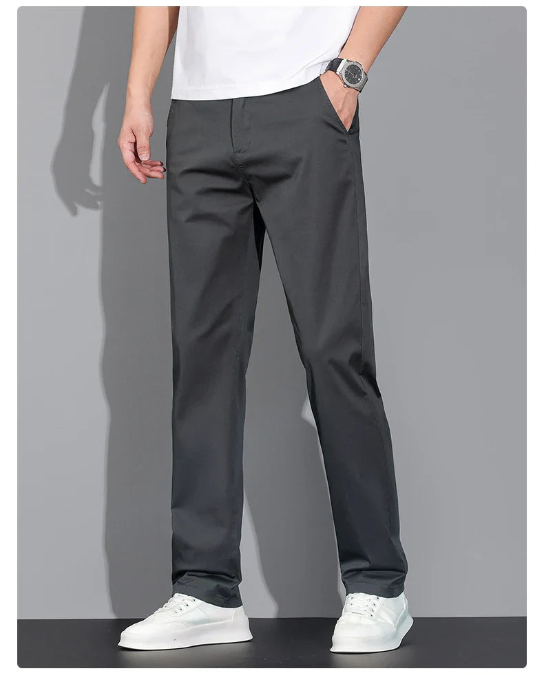 New Men's Business Cotton Thin Straight Pants Casual Elastic Slim Comfortable Male Brand Trousers Black Gray Khaki Royal Blue