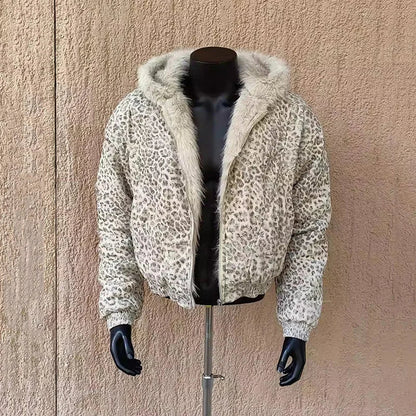 Niche Design Men's Fleece Jackets Hooded Leopard Print Fur Thick Padded Coats Thermal Contrast Color Male Clothing CPG2405