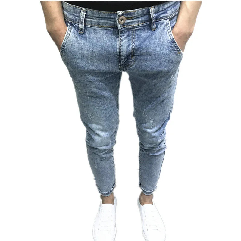 2024 Spring and Autumn New Fashion Trend Solid Color Elastic Small Legs Men's Casual Slim Comfortable High Quality Denim Pants