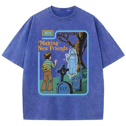 Social Skills Making New Friends Washed Retro Male Women T-Shirts Hip Hop Breathable Tops Casual T Shirt Oversized Cotton T-Shir