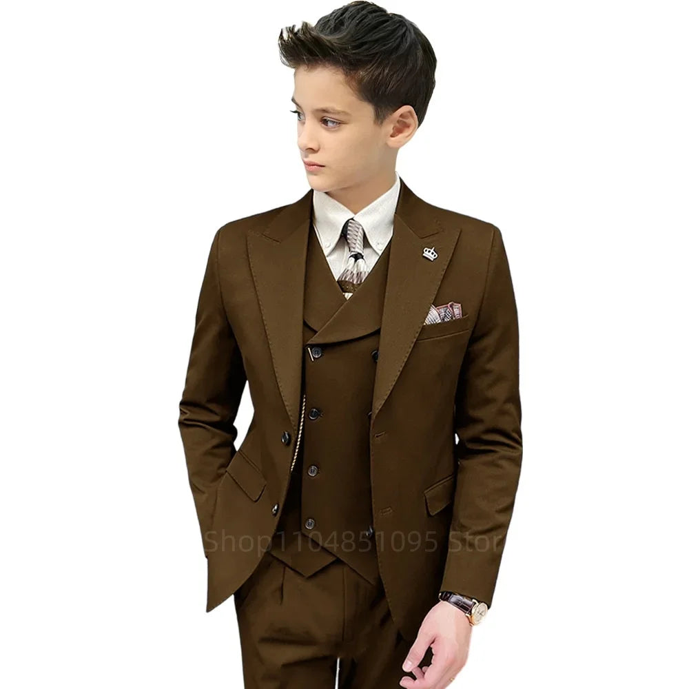 3 Piece Slim Fit Boy Fashion Suits Cutsom Flower Boy Wedding Tuxedo Prom Wedding Peak Lapel Jacket Vest Pants Set Children Suit