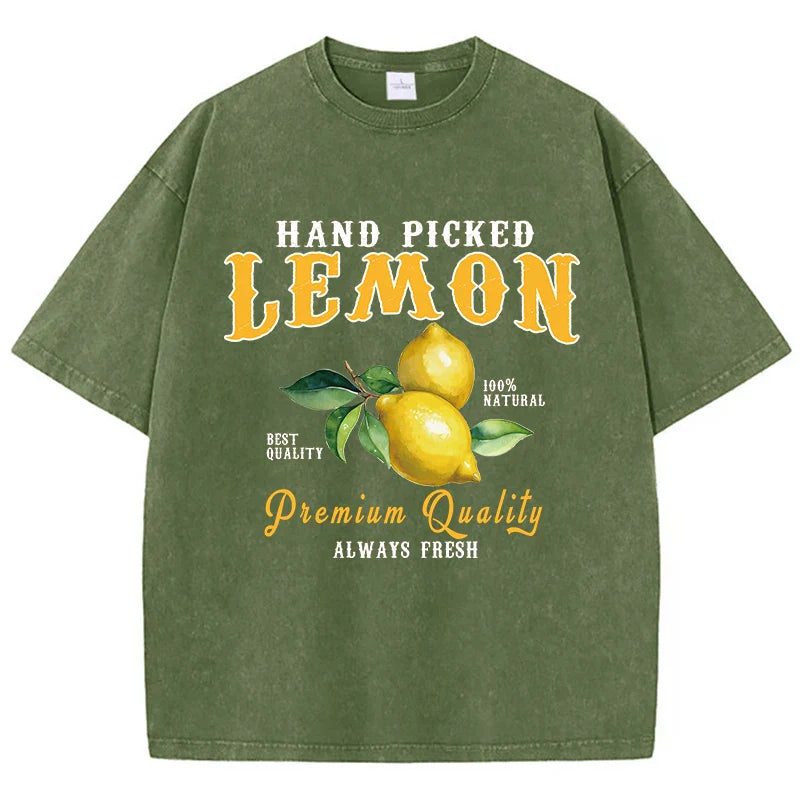 Summer Lemon Washed T-Shirts Womens Cotton Oversized O-Neck T Shirts Fresh Fruit Prints Tops Casual Short Sleeve Woman Clothes