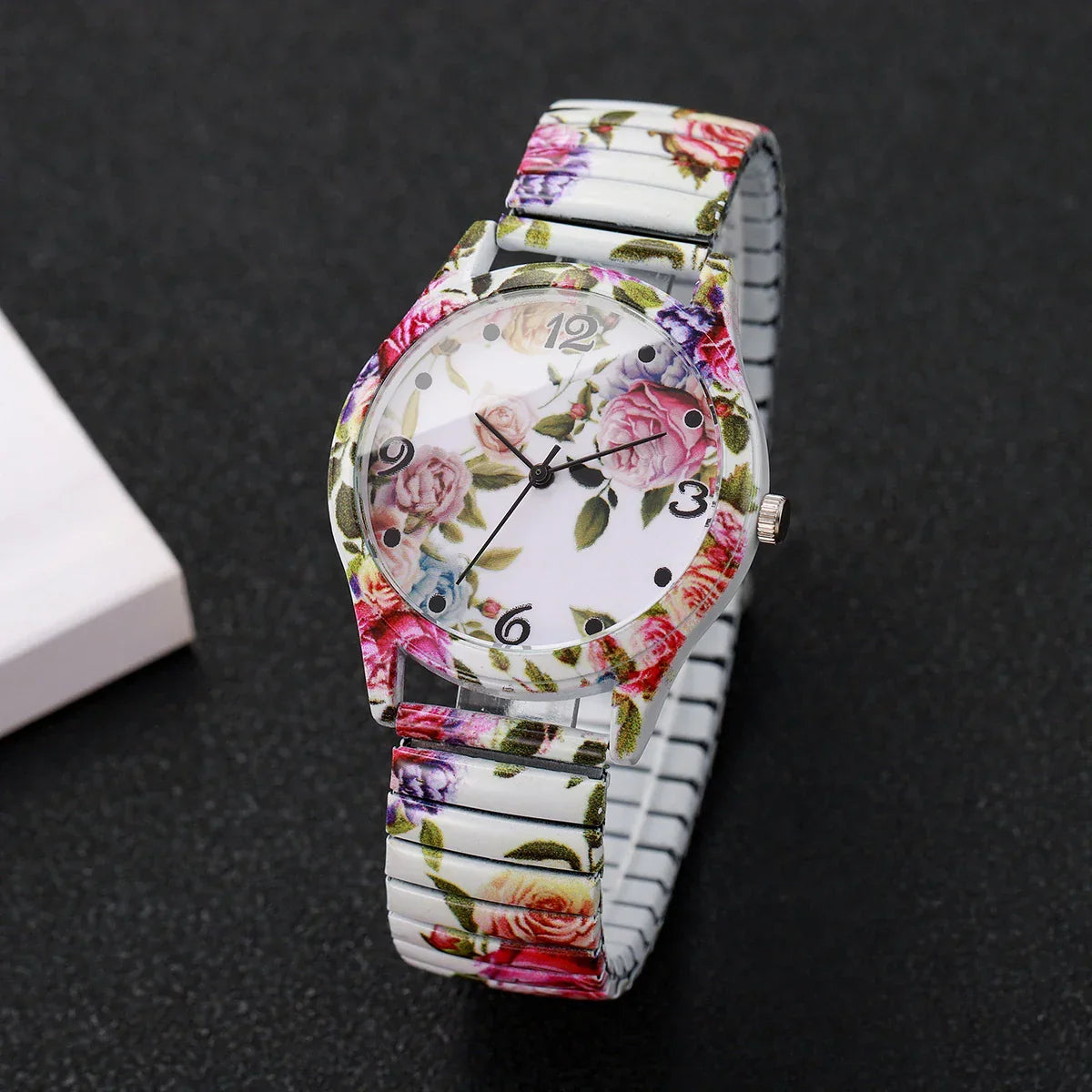 2/3PCS Fashion Flower Printed Women Quartz Wristwatches Set Ladies Casual Elastic Strap Arabic Dial Watch（Without Box）