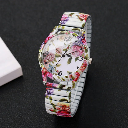 2/3PCS Fashion Flower Printed Women Quartz Wristwatches Set Ladies Casual Elastic Strap Arabic Dial Watch（Without Box）