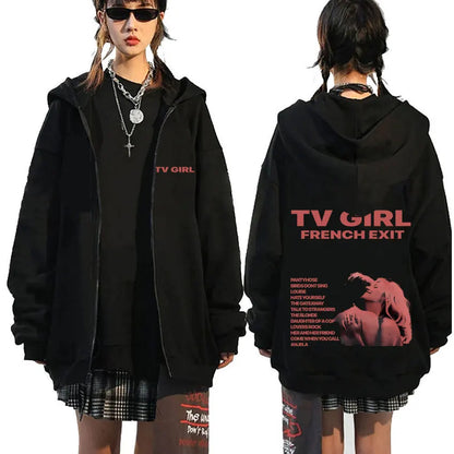 TV Girl Who Really Cares Graphic Print Zipper Hoodie Men Women Fashion Casual Oversized Zip Up Jacket Male Fleece Sweatshirts