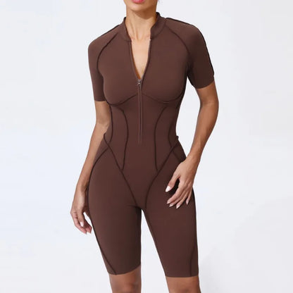 Zipper Short-sleeved Yoga Sports Fitness Jumpsuits Sets Without Chest Pad Tight Bodysuits Shorts Gym Workout Clothes for Women