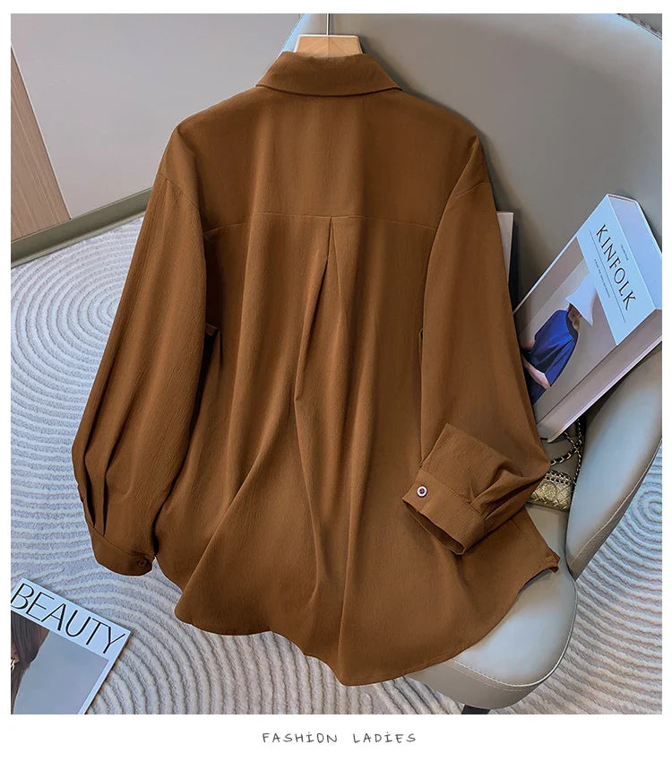2026 Women's Plus Size Blouse Korean Style Spring Autumn Loose Elegant Casual Mid-length Tops Long Sleeved Waist Cinching Shirts