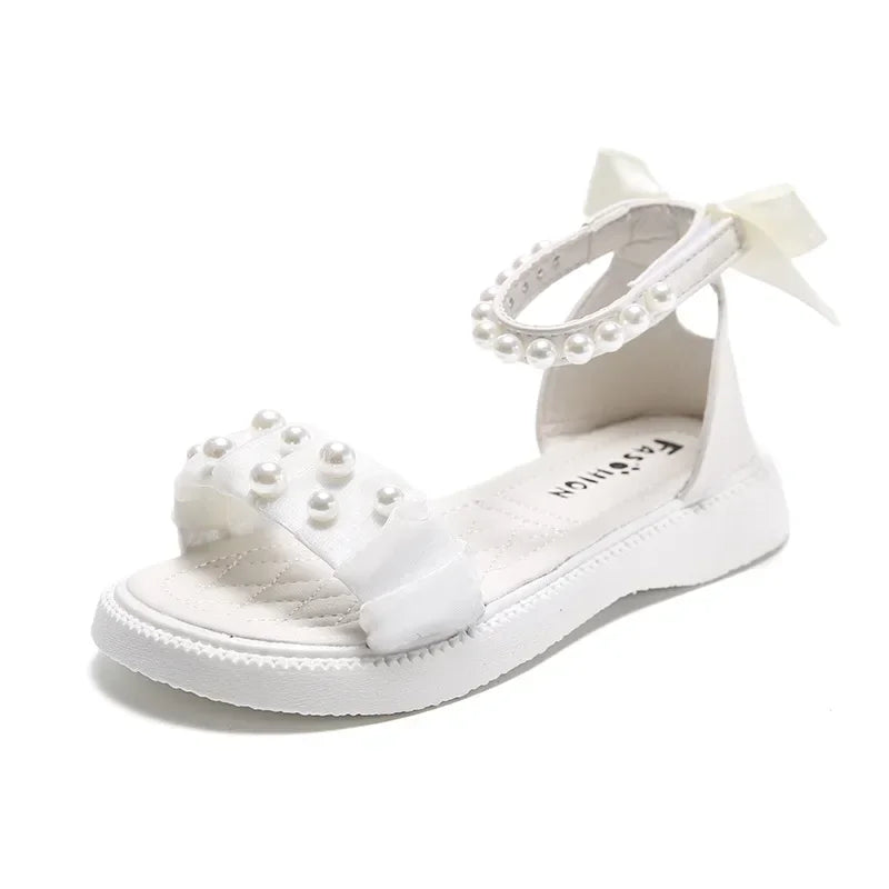 Children's Sandals Summer Bowtie Princess Shoes for Girls Fashion Sweet Kids Causal Pearl Roman Sandals Solid Color Hook Loop
