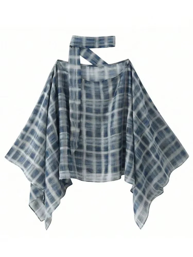 Women Fashion Plaid Print Blouse Vintage Casual Loose Asymmetric Hem Tops With Scarf Summer Thin Female Holiday Beach Outfits