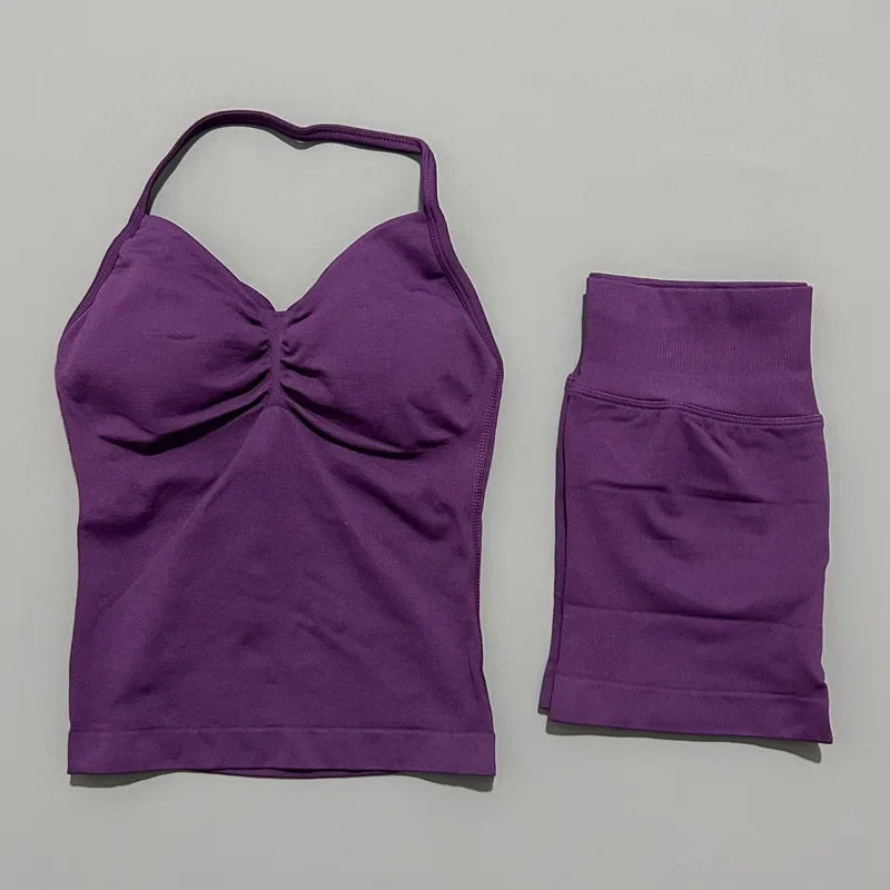 No Logo 2 Pies Sports Set Women Backless Tank Yoga Tops High Waist Scrunch Seamless Shorts Sport Gym Set Sportswear Workout Set