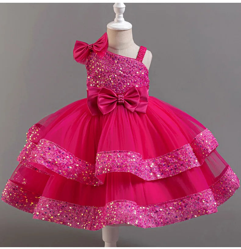 Girl's New Sequined Bow Irregular Collar Mesh Princess Dress Christmas Birthday Party Sweet and Cute Evening Dress