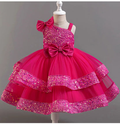 Girl's New Sequined Bow Irregular Collar Mesh Princess Dress Christmas Birthday Party Sweet and Cute Evening Dress