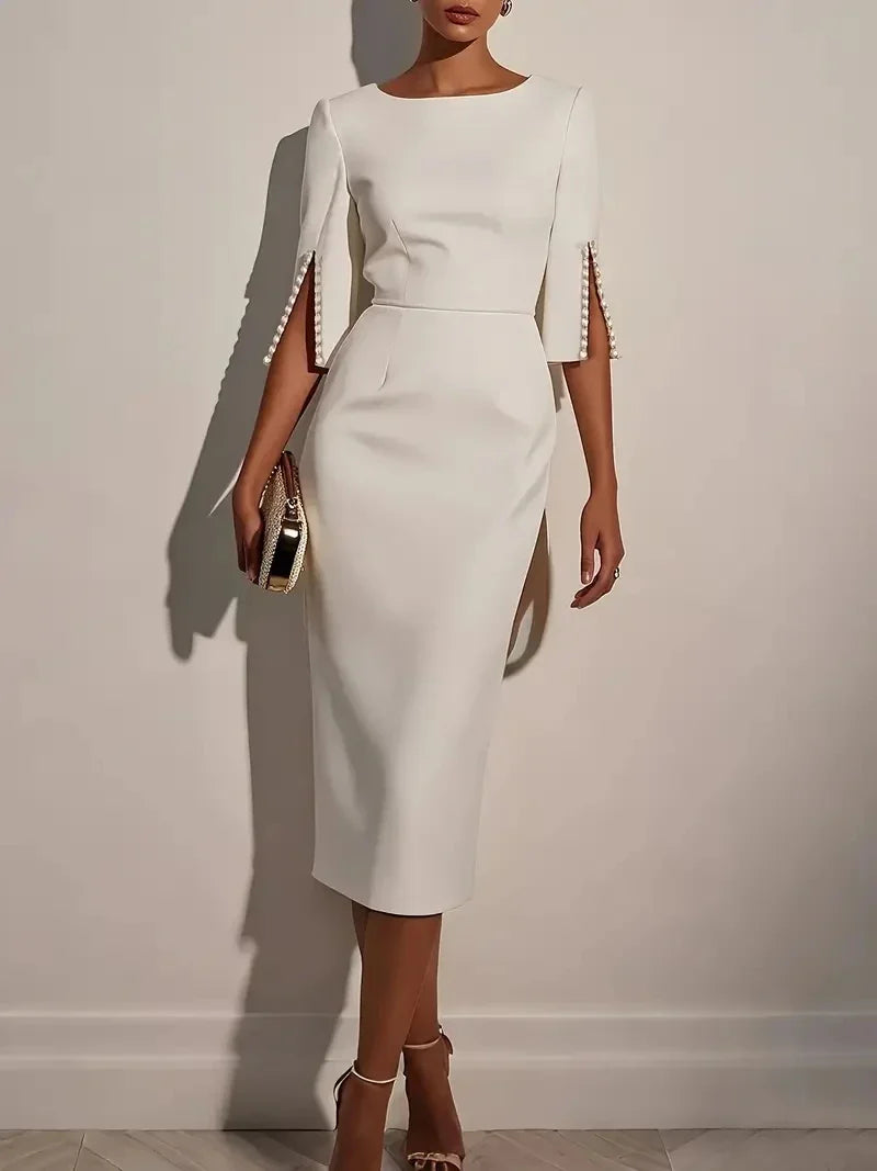 Women's Solid Color Elegant Round Neck Half Sleeve Beaded Decorated Slim Fit Midi Dress