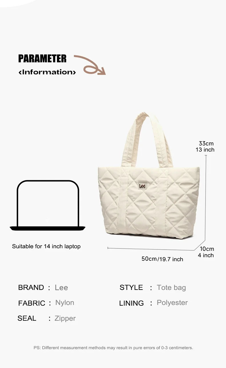 Large Soft Puffer Bag Women Big Size College Students Laptop Book Quilted Tote Bag Lady Down-filled Shopping School Bags
