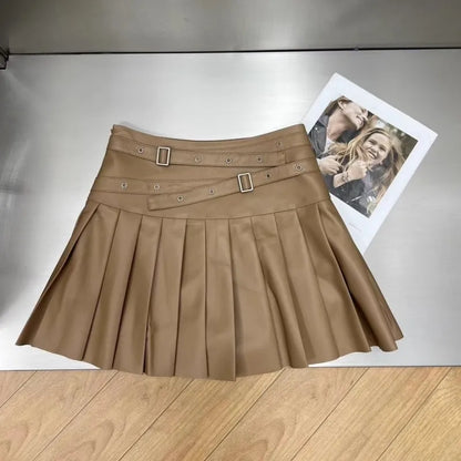 Punk Women Genuine Leather Skirt High Waist Sexy Mini A Line Skirts New Solid Color Ladies Casual Sweet Sheepskin Pleated Skirt