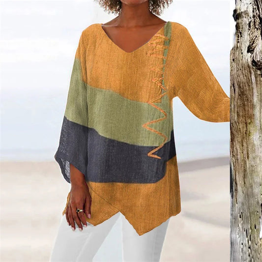 Women Vintage Color Contrast Art Print Loose Shirt Comfortable Casual Commuter Blouse Female V Neck Pullover Irregular Hem Tops