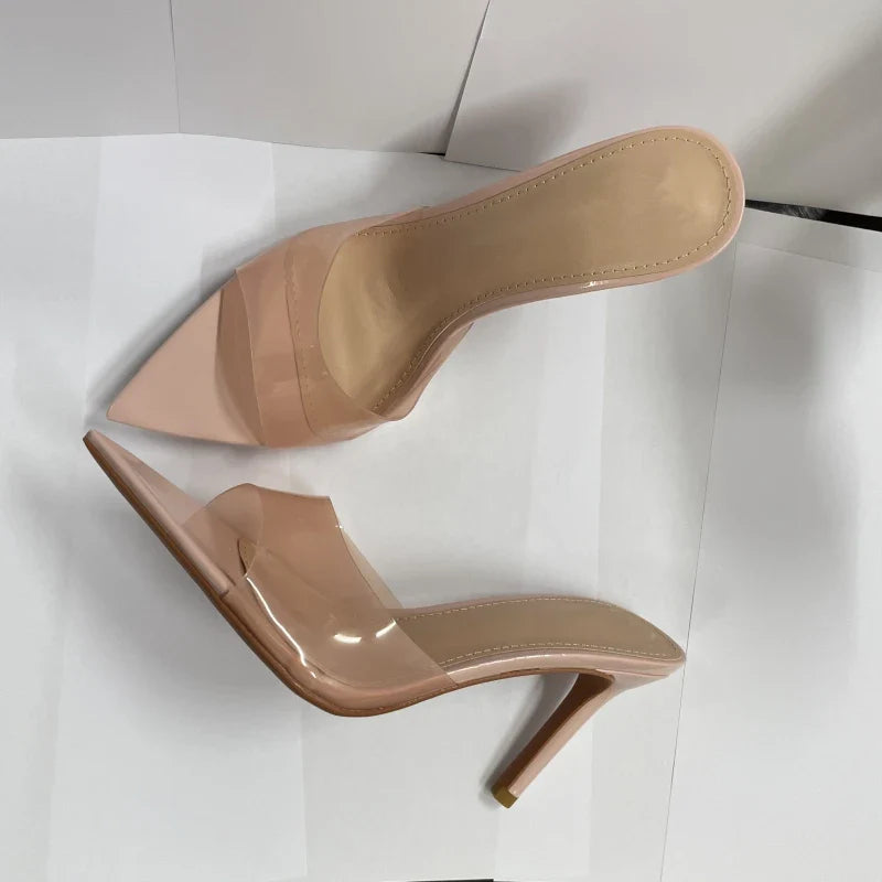 Novas Sandálias Femininas de Salto Alto de Verão Simples Transparentes de Salto Alto, Chinelos de Salto Agulha, Bico Fino, Aberto na Frente, Mules