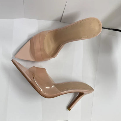 Novas Sandálias Femininas de Salto Alto de Verão Simples Transparentes de Salto Alto, Chinelos de Salto Agulha, Bico Fino, Aberto na Frente, Mules
