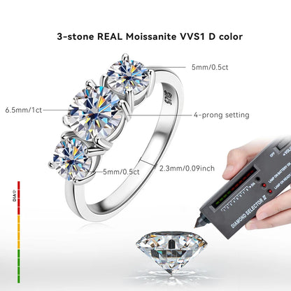 925 Silver Ladies Fashion Engagement Rings Round Cut 6.5mm/8mm Moissanite Three Stone Ring for Women Wedding Jewelry