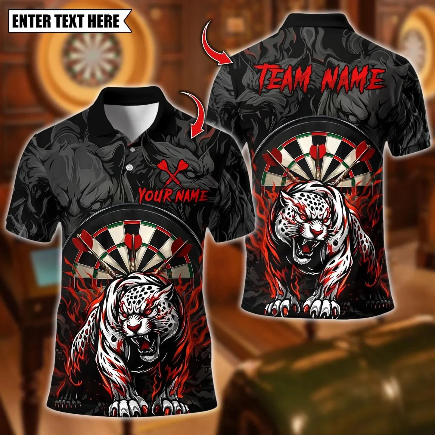 New Custom Name Dart Polo Shirt, Flaming Dartboard Design, Personalized Team Shirt for Men, Gift for Darts Players