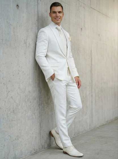 2026 Groomsmen White Pattern Groom Tuxedos Shawl Satin Lapel Men Suits 2 Pieces Wedding Bridegroom