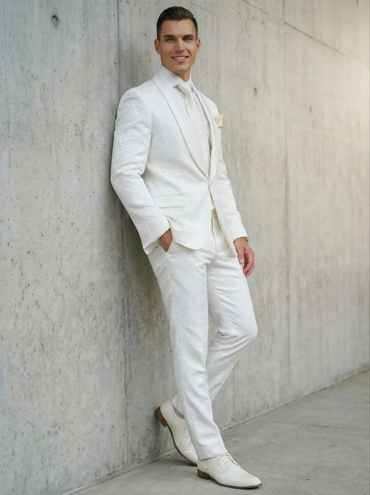 2026 Groomsmen White Pattern Groom Tuxedos Shawl Satin Lapel Men Suits 2 Pieces Wedding Bridegroom