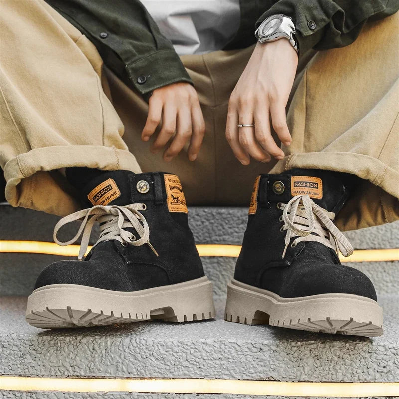 Breathable Men Boots Winter Denim Cloth Mens Ankle Boots Retro Work Boots Platform Men Casual Shoes Handmade High Top Shoes