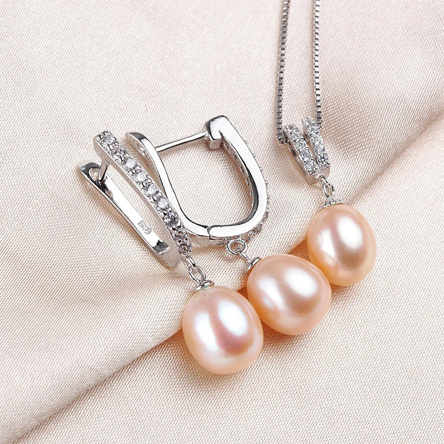 Horseshoe 8-9mm Rice Freshwater Pearl Earrings&Necklaces Jewelry Set for Women 925 Sterling Silver 45cm Pendant Necklace